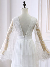 Simple Boho Wedding Dresses A-line Deep V-Neck Multilayer Lace Chiffon Beach Bridal Gowns