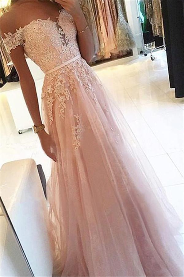 Simple Pink Off-the-Shoulder Applique Prom Dresses Soft Tulle Sleeveless Chic Evening Dresses