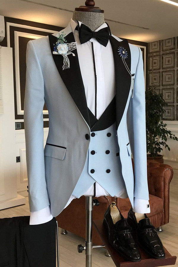 Sky Blue 3-Pieces Black Peaked Lapel Slim Fit Men's Prom Suits