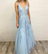 Sky Blue Lace Prom Dresses Sexy Deep V-Neck A Line Long Party Chic Floor Length Women Evening Gowns