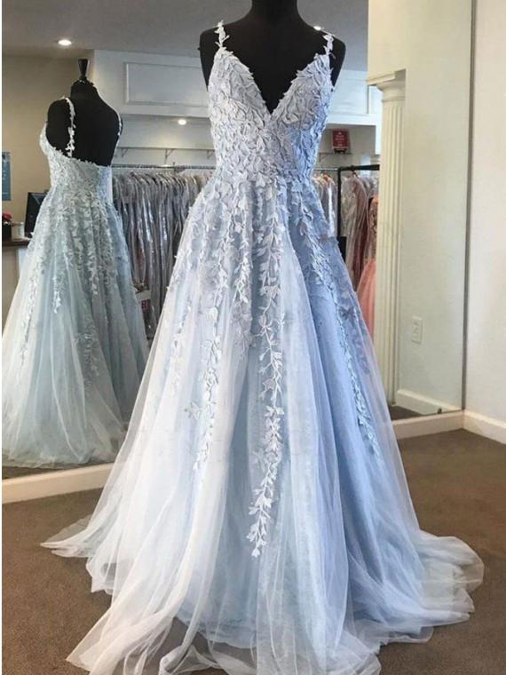 Sky Blue Lace Prom Dresses Sexy Deep V-Neck A Line Long Party Chic Floor Length Women Evening Gowns