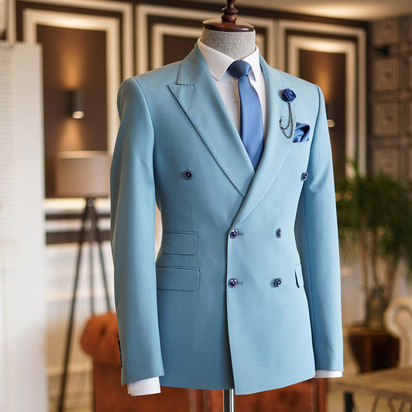 Sky Blue Peaked Lapel Double Breasted Bespoke Men's Prom Suits