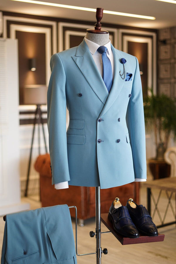 Sky Blue Peaked Lapel Double Breasted Bespoke Men's Prom Suits
