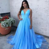 Sky Blue Spaghetti-Straps A-Line Tulle Sleeveless Formal Dresses