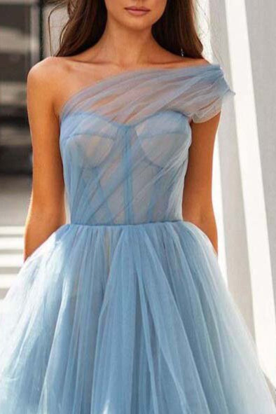 Sky Blue Tulle Prom Dress Tea-Length One Shoulder