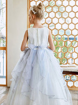 Sky Light Blue V-Neck Sleeveless Tulle Polyester Bows Kids Social Party Dresses