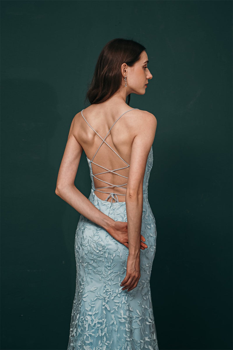 Sky blue Lace Criss-cross back Mermaid Prom Dress