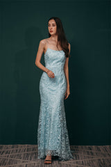 Sky blue Lace Criss-cross back Mermaid Prom Dress