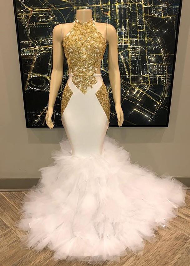 Sleeveless Gold Appliques Tulle Button Mermaid Prom Dresses
