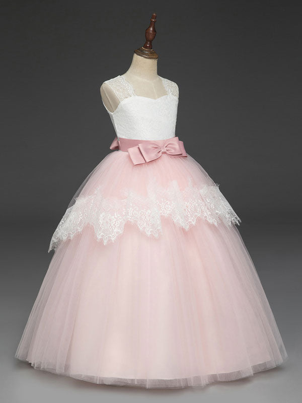 Soft Pink Kids Formal Dress Lace Bows A-line Girls Pageant Dress