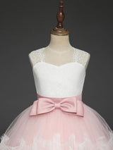 Soft Pink Kids Formal Dress Lace Bows A-line Girls Pageant Dress