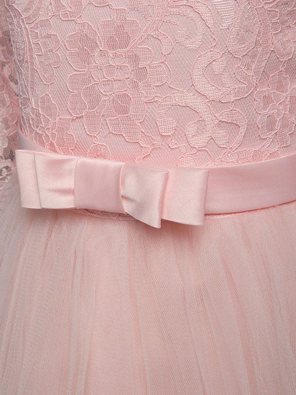 Soft Pink Kids Formal Dress Lace Half Sleeve Bows Tulle A-line Girls Pageant Party Dress