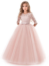 Soft Pink Kids Formal Dress Lace Half Sleeve Bows Tulle A-line Girls Pageant Party Dress