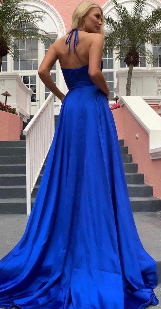 Spaghetti-Straps Shiny Royal Blue Formal DressesSplit Chic V-Neck Princess Evening Party Gowns Online