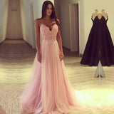 Spaghetti-Straps V-Neck Pink Formal DressesLong Tulle Party Gowns
