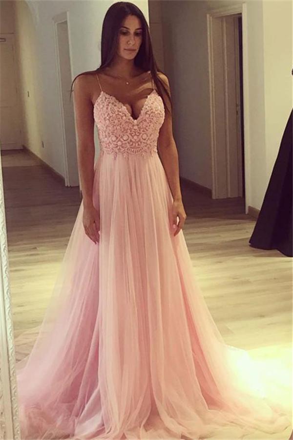 Spaghetti-Straps V-Neck Pink Formal DressesLong Tulle Party Gowns