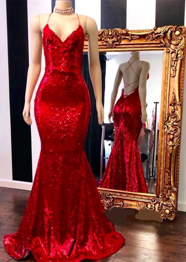 Spaghetti-Strapss Lace-up Red Sequins V-Neck Mermaid Prom Dresses