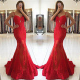 Spaghetti-Strapss Red Lace Evening Dresses Mermaid Chic Prom Dresses