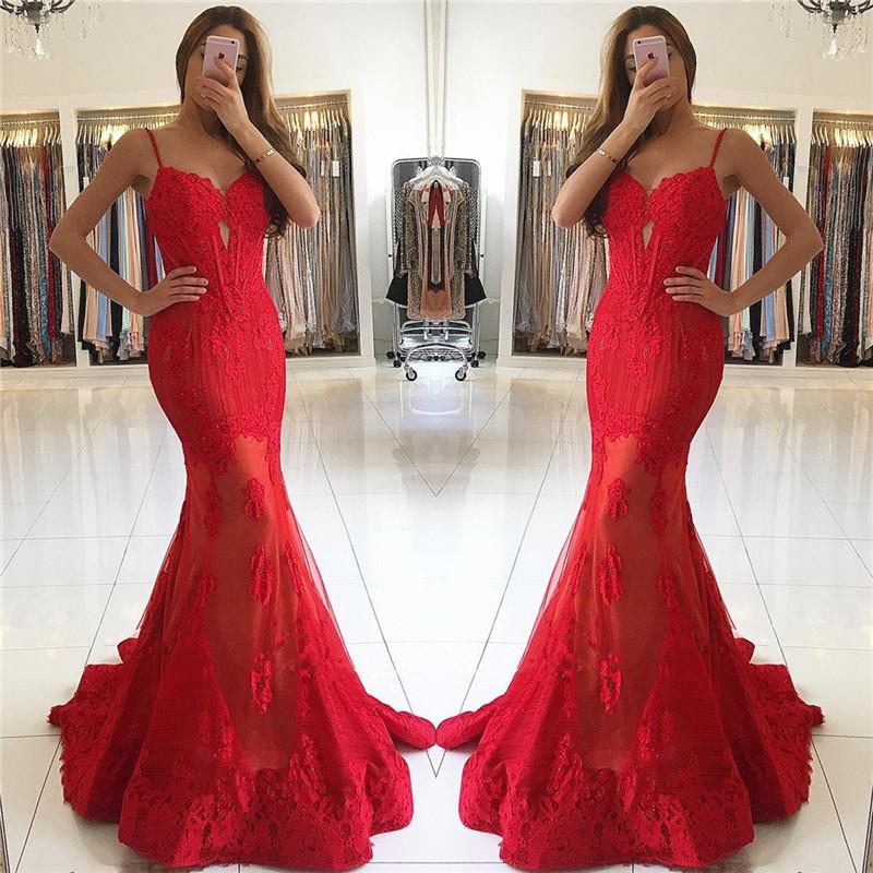 Spaghetti-Strapss Red Lace Evening Dresses Mermaid Chic Prom Dresses
