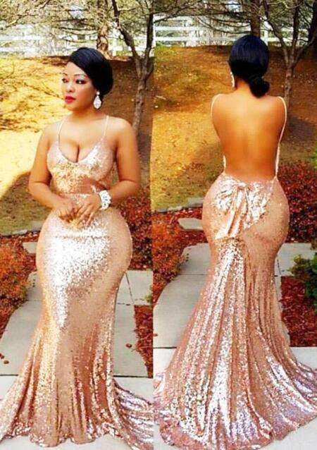 Spaghetti-Strapss Sequins Mermaid Backless Champagne Prom Dresses