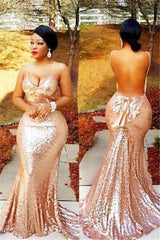 Spaghetti-Strapss Sequins Mermaid Backless Champagne Prom Dresses