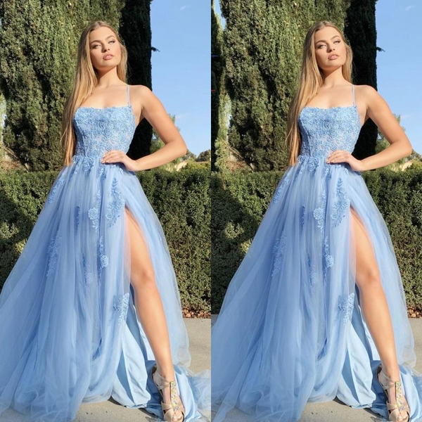 Spaghetti-Strapss Sexy Blue Prom Dress Applique Long With Split