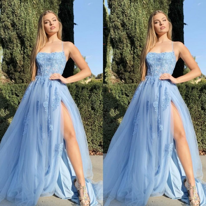 Spaghetti-Strapss Sexy Blue Prom Dress Applique Long With Split