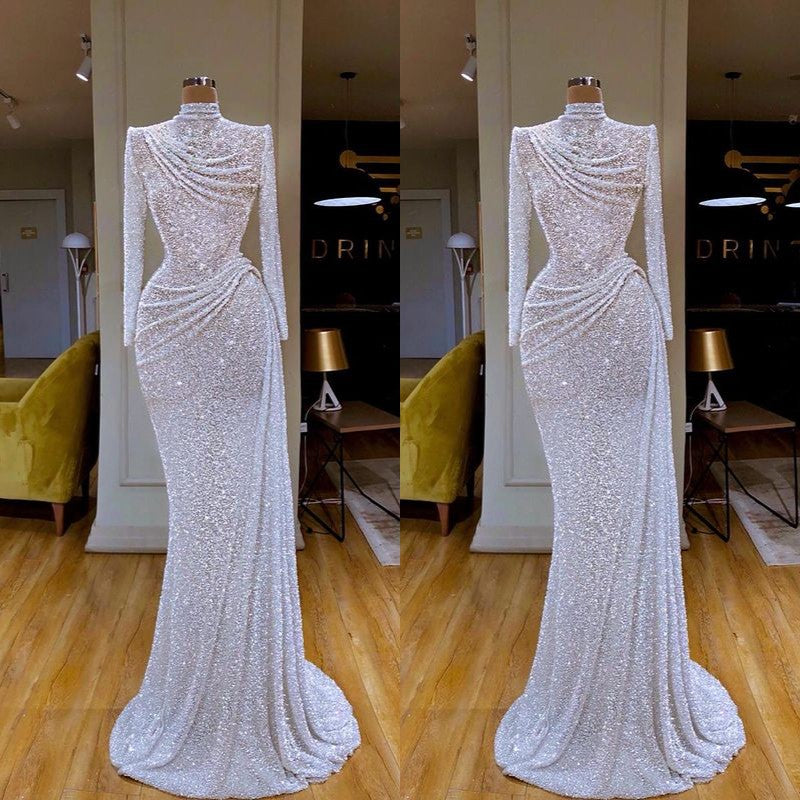Sparkle White Long sleeves Pleated Long Prom Dress Sequin