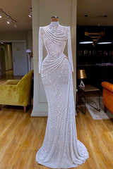 Sparkle White Long sleeves Pleated Long Prom Dress Sequin