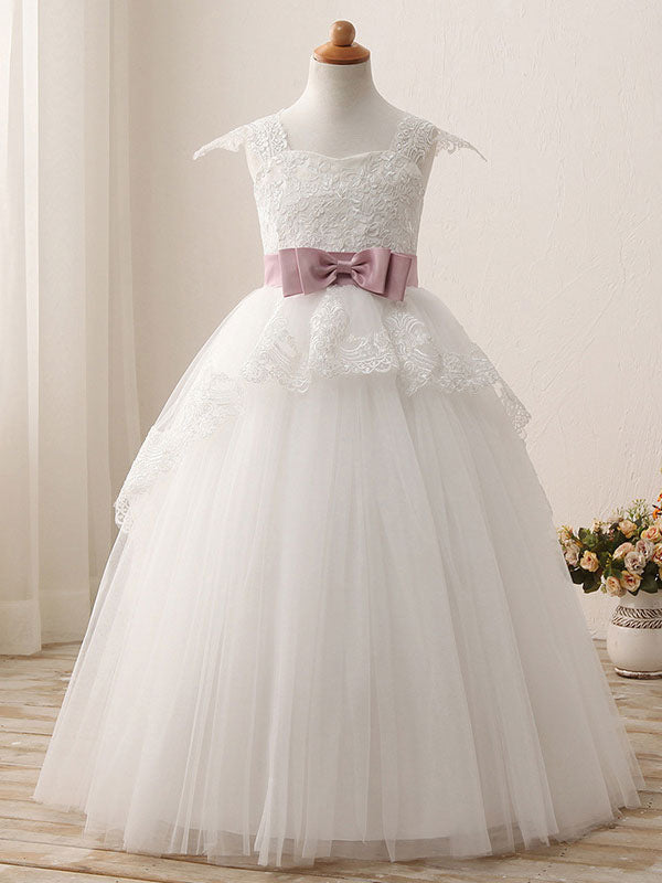 Square Neck Lace Short Sleeves Ankle Length Ball Gown Bows Kids Pageant flower girl dresses