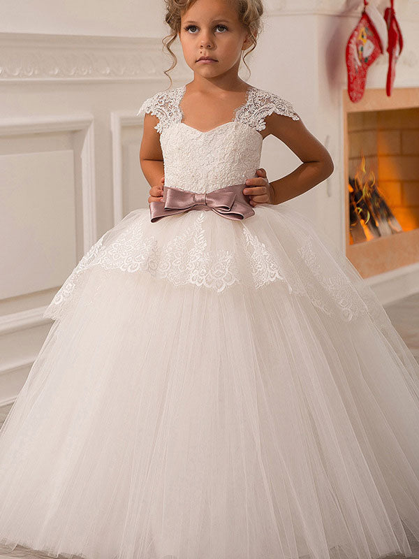 Square Neck Lace Short Sleeves Ankle Length Ball Gown Bows Kids Pageant flower girl dresses