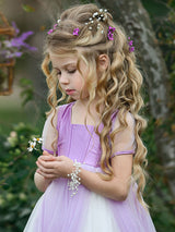 Square Neck Taffeta Short Sleeves Ankle Length Princess Flowers Kids Social Party Dresses