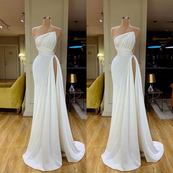 Strapless Creamy White Pleated Long Prom Dress High-split