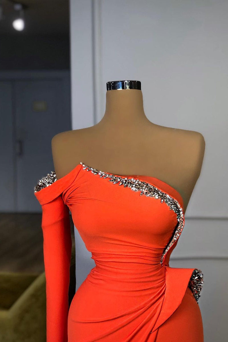 Strapless Orange Sequined Long Prom Dress Long sleeves