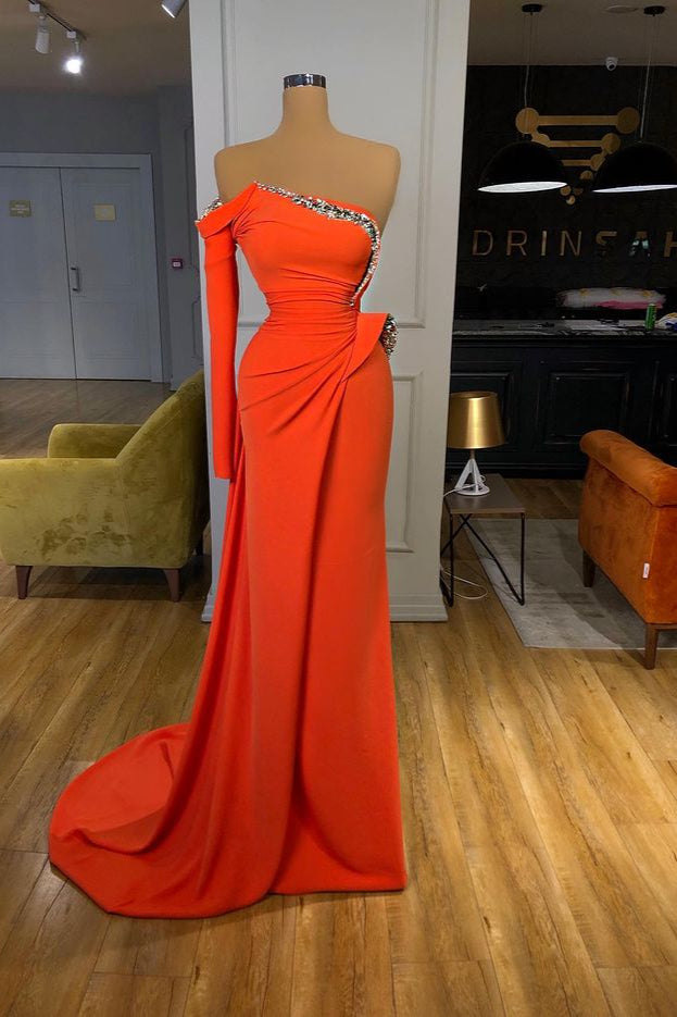 Strapless Orange Sequined Long Prom Dress Long sleeves