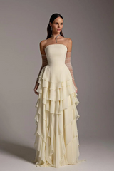 Strapless A-line Ruffles Ivory Glamorous Floor length Evening Dresses