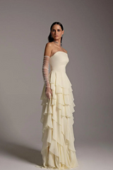 Strapless A-line Ruffles Ivory Glamorous Floor length Evening Dresses