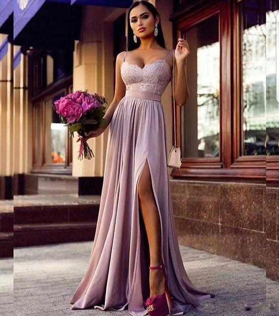 Straps Lace Slit Party Dresses Sleeveless Lavender Long Formal Chic Evening Gown