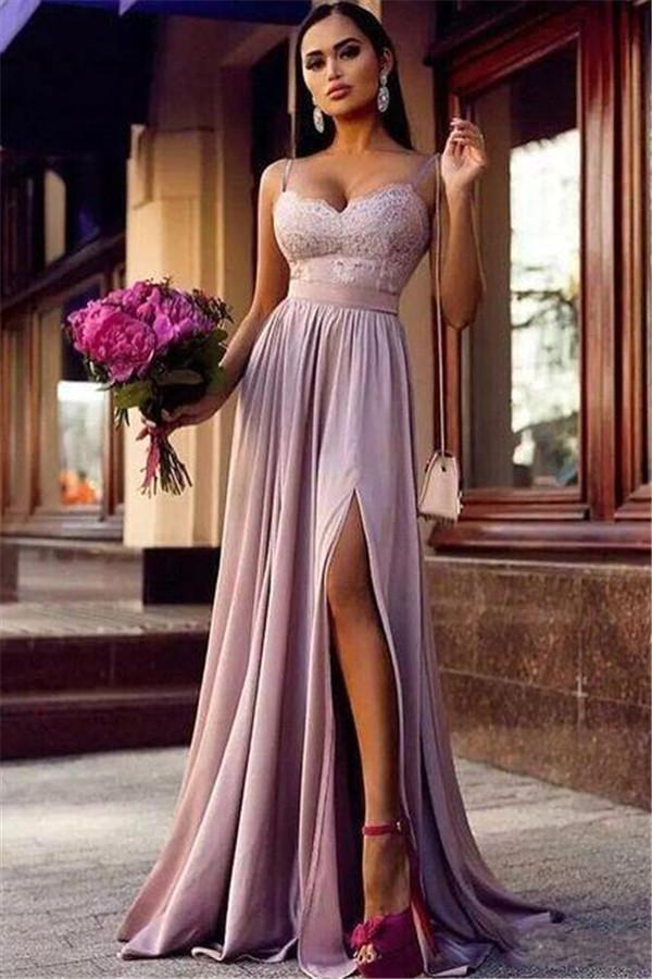 Straps Lace Slit Party Dresses Sleeveless Lavender Long Formal Chic Evening Gown