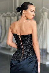 Stunning Black High-split Lace-up Sequined Prom Dress special Strapless