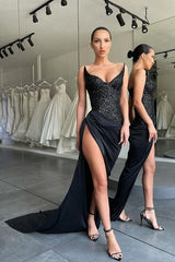 Stunning Black High-split Lace-up Sequined Prom Dress special Strapless