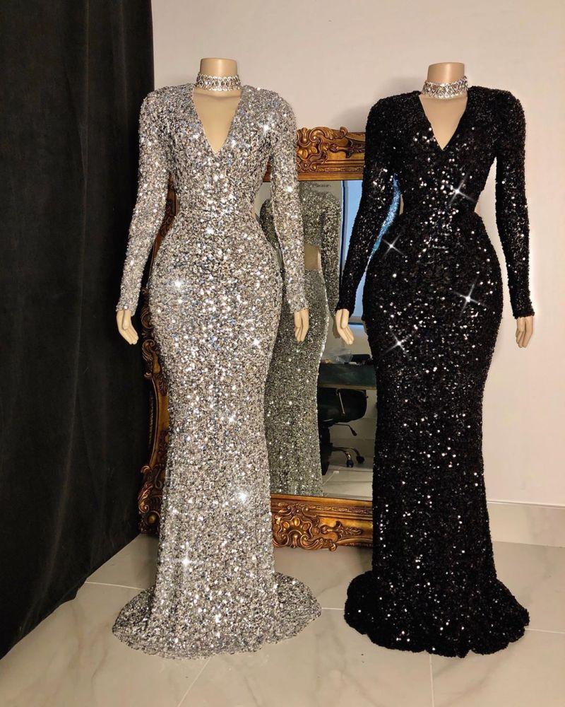 Stunning Crystal Sequins Long Sleeves V-Neck Mermaid Prom Dresses