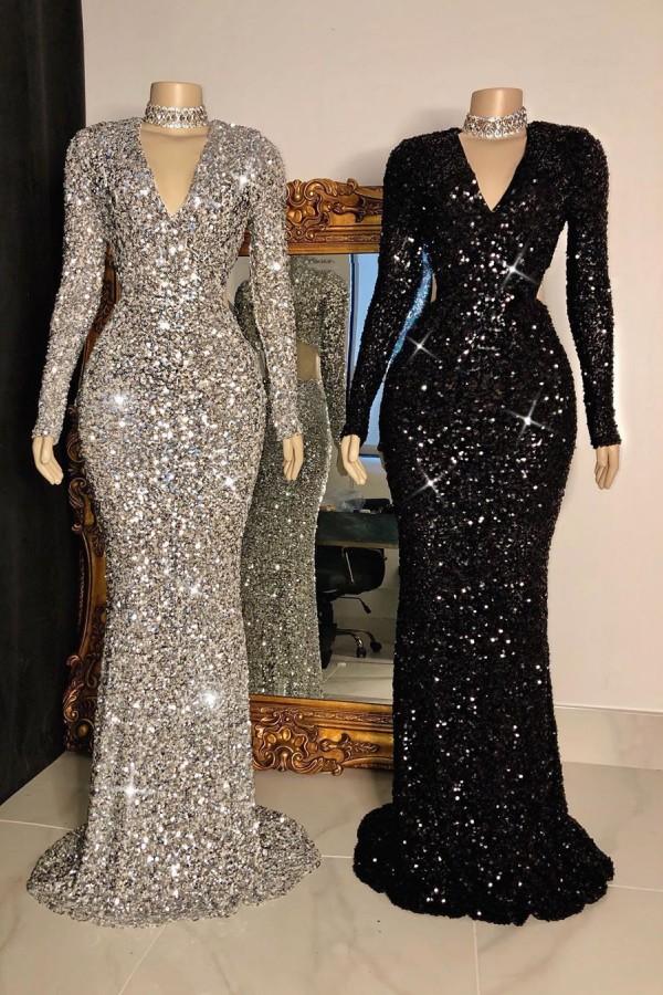 Stunning Crystal Sequins Long Sleeves V-Neck Mermaid Prom Dresses