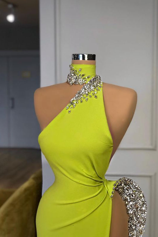 Stunning Ginger yellow Neck Glamorous high side-cut Long Evening Dress Triangle