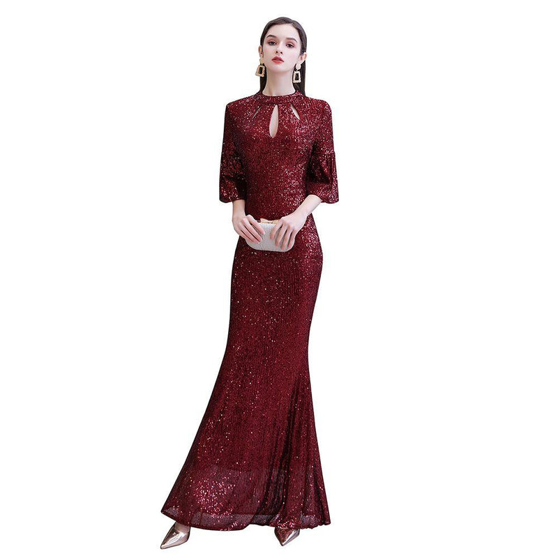 Stunning Half SleevesLong Burgundy Evening Gowns Keyhole Mermaid Formal Dresses