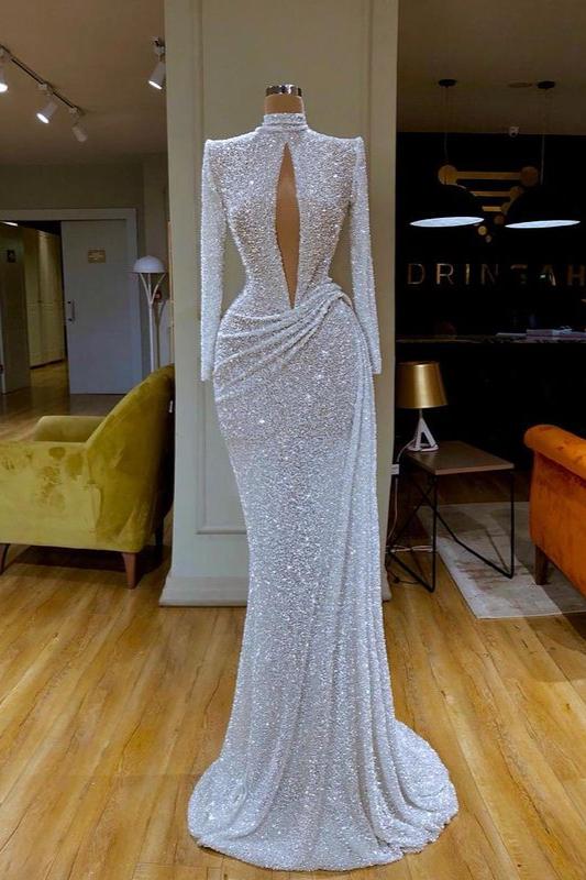 Stunning Long Sleeves High-Neck Sequins Prom Dress Mermaid Long