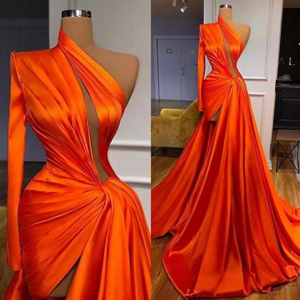 Stunning One Shoulder Long Sleeves Prom Dress With Split Front