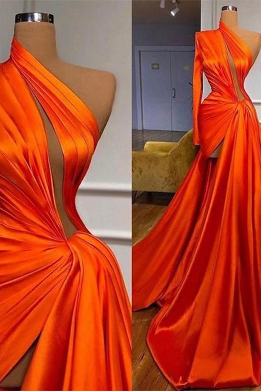 Stunning One Shoulder Long Sleeves Prom Dress With Split Front