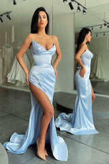 Stunning Sky blue High-split sequined Prom Dress Stapless