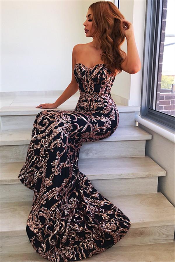 Sweetheart Mermaid Evening Dresses Online Appliques Sequins Open Back Chic Prom Dresses